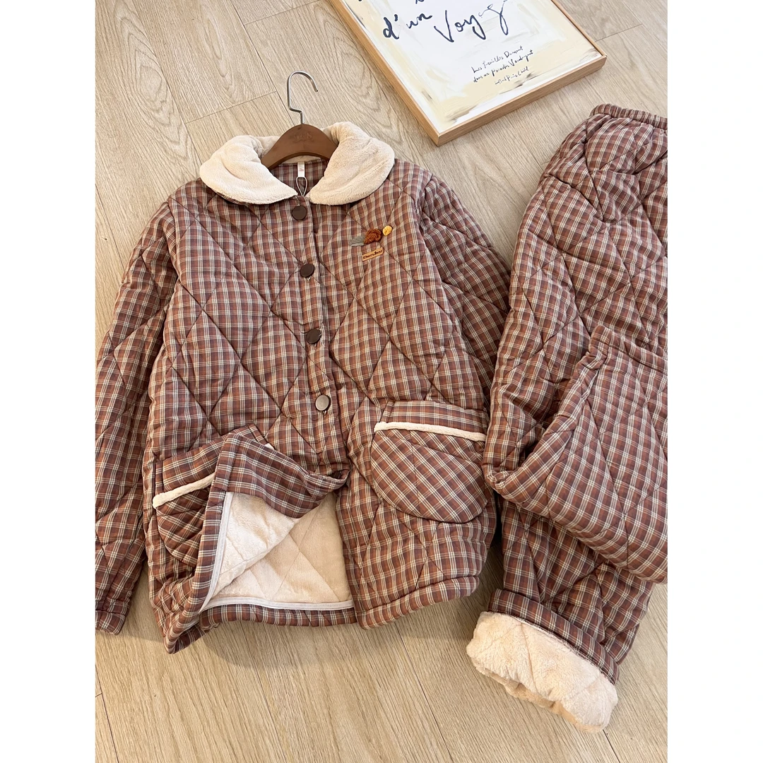 韩版撞色棉服夹棉睡衣女款秋冬翻领开衫外套加厚家居服套装可外穿