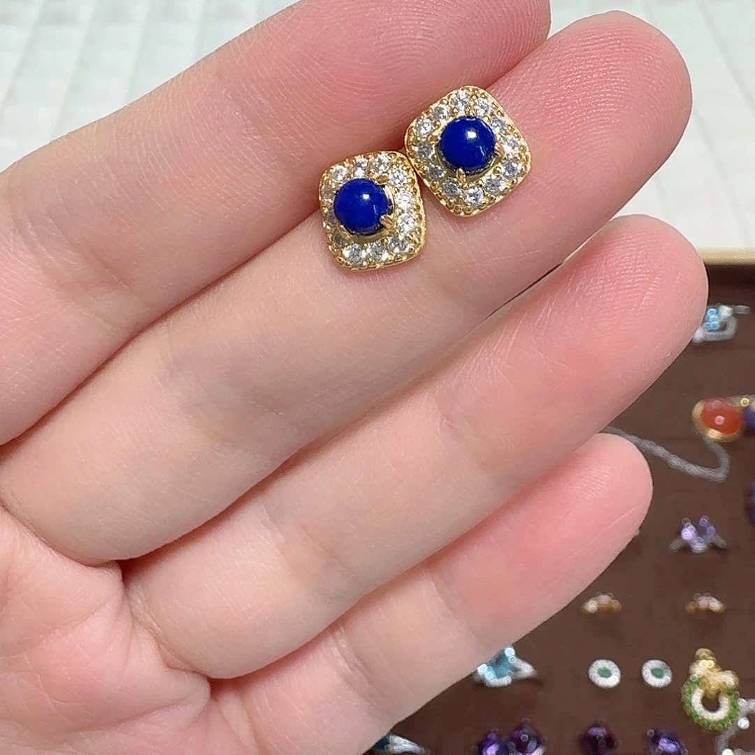 青金石银S925镶嵌耳饰耳钉