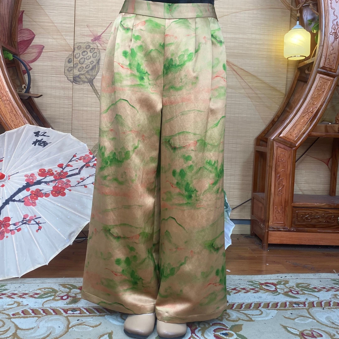 60姆米重缎皮子料香槟千里江山阔腿裤100桑蚕丝香云纱面料中式