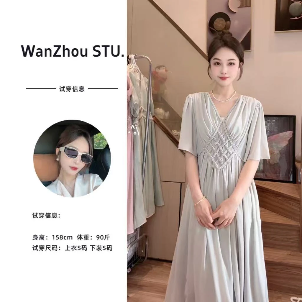 运费补贴【晚舟】夏季法式时尚气质编织收腰显瘦V领连衣裙