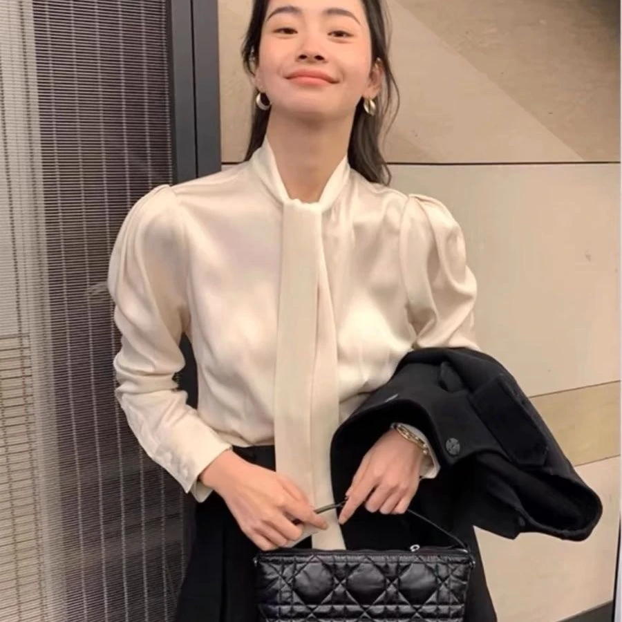 2025春季新款法式气质醋酸缎面飘带衬衣女高级感时尚内搭衬衫上衣