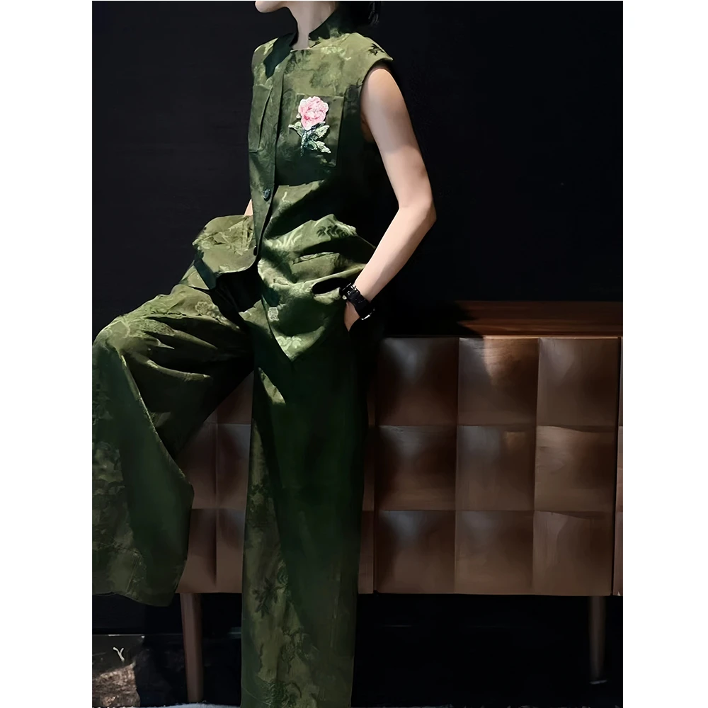 国风新中式女装商务气质名媛美业高级感提花修身马甲阔腿裤套装女