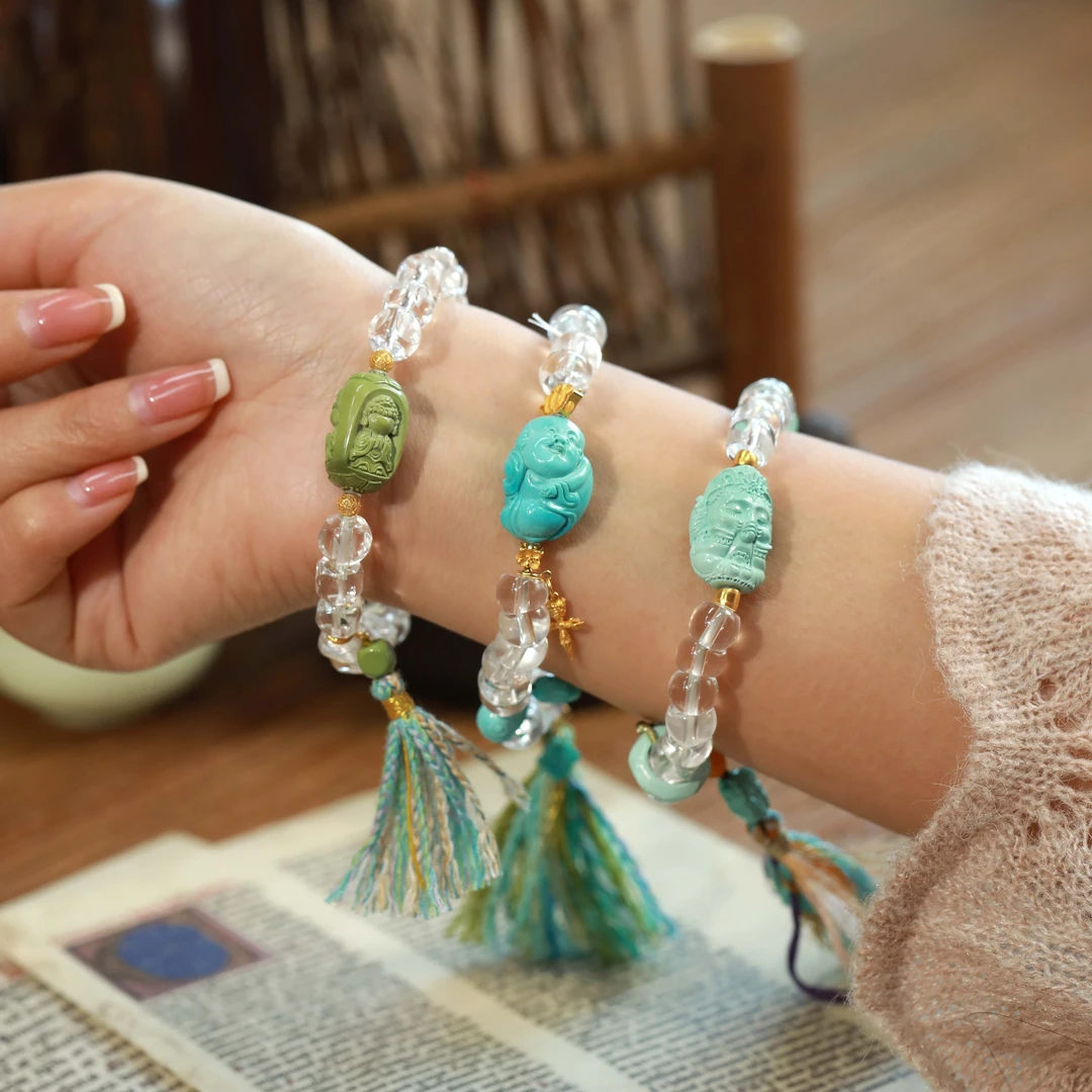 霖泽|白水晶绿松石象神无相佛18K金手链复古国风时尚潮流0320