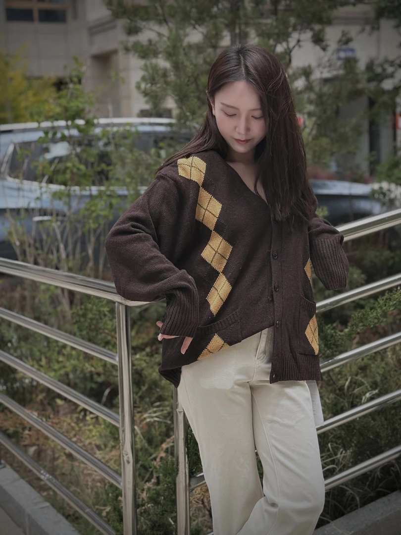 慵懒风菱形格长袖针织开衫休闲百搭时尚宽松毛衣外套女