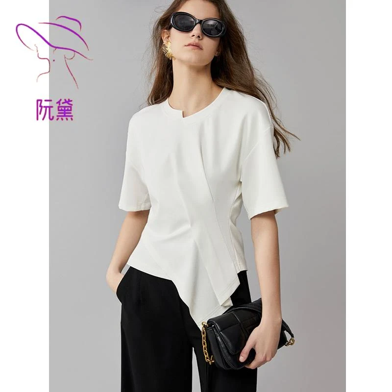 阮黛设计感不规则短袖t恤衫百搭白色修身显瘦打底衫独特时尚上衣