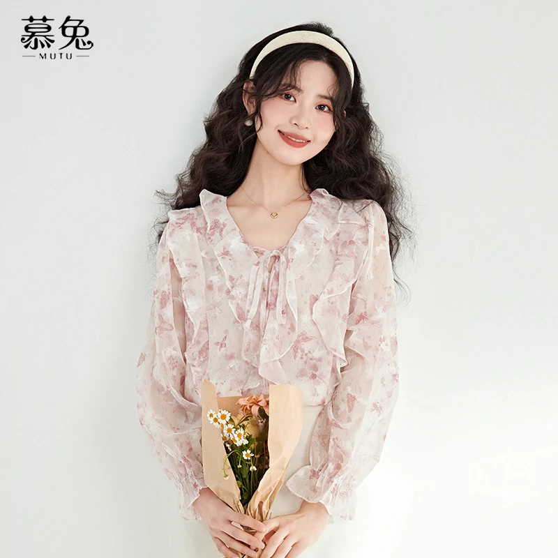 慕兔法式甜美荷叶边v领长袖衬衫女2025新款春季气质碎花雪纺上衣