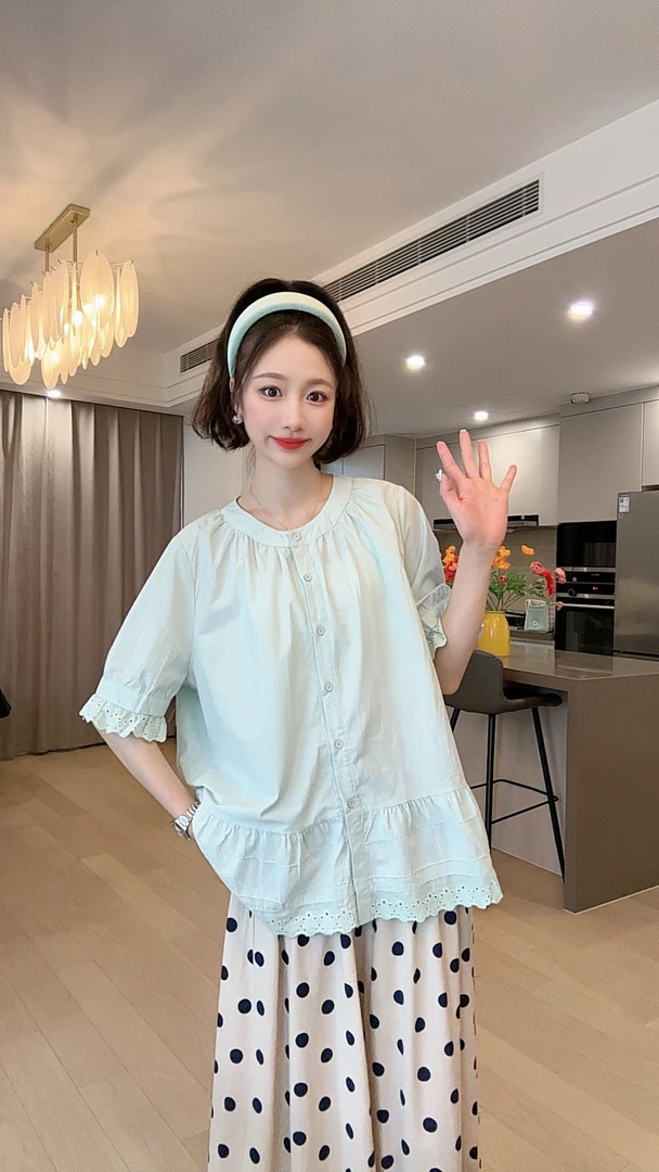 小玉推荐夏季新款日系拼接花边减龄短袖小衫女