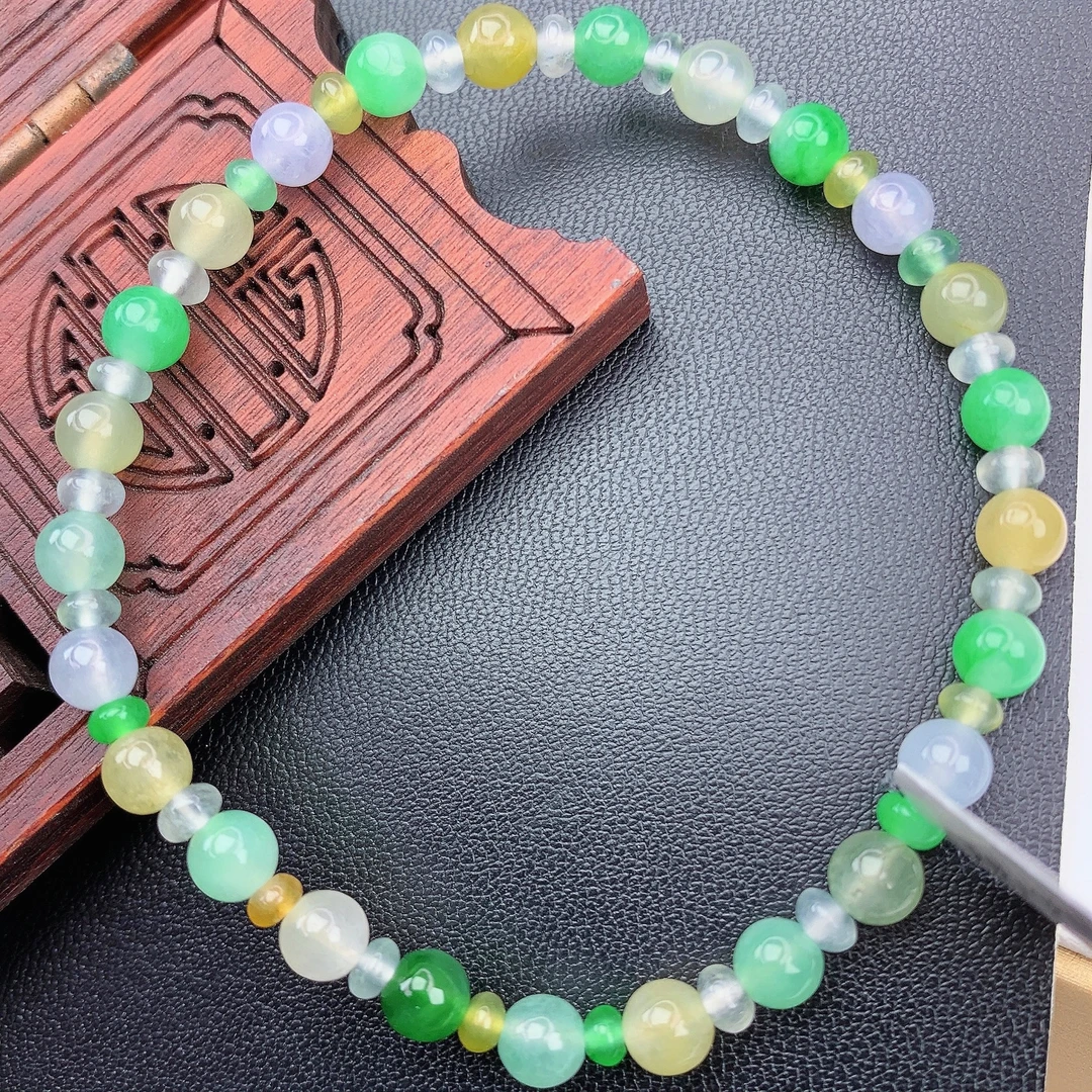 四会 缅甸A货翡翠冰种马卡龙多宝圆珠手链手串T/5-3.4mm