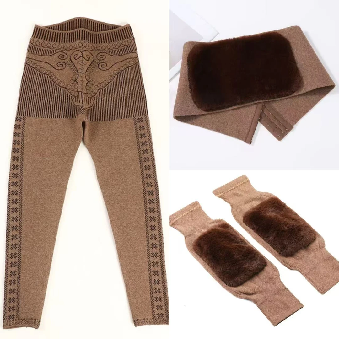 秋冬厚款男女护膝护腰成人保暖长裤驼绒时尚三件套