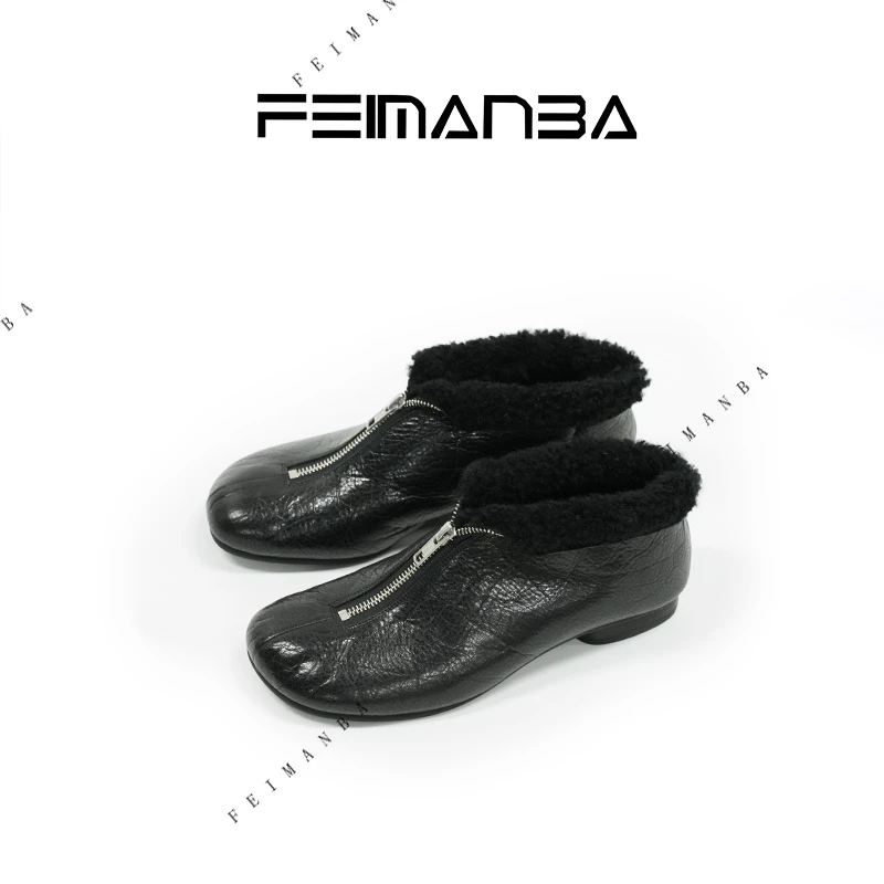 【FEIMANBA】短筒拉链皮面圆头雪地靴