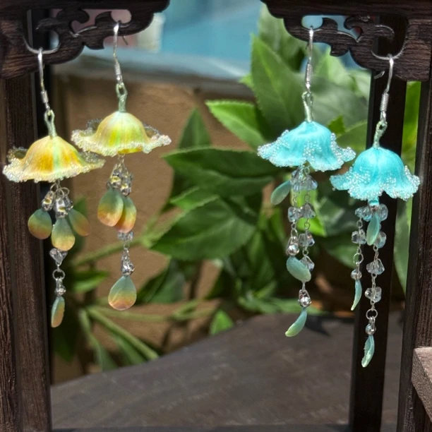 水母绒花耳饰 非遗绒花手工耳饰日常百搭款