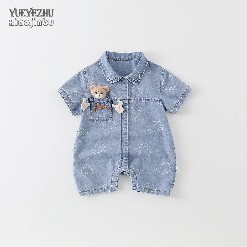 帅气男宝宝夏装短袖连体衣婴儿软牛仔衣服夏季薄款韩版小熊哈衣潮
