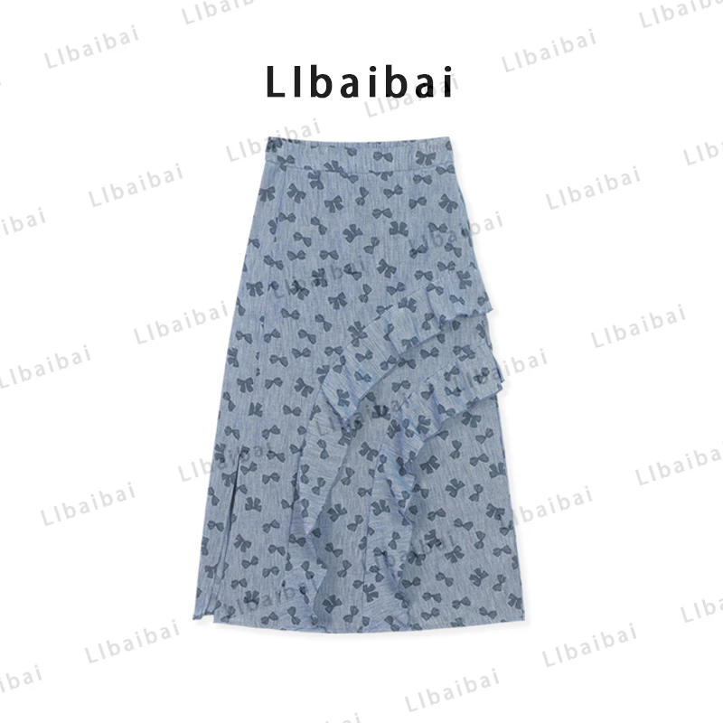 【LIbaibai】夏装2025年新款高腰薄款蝴蝶结显瘦半身裙BB-2391