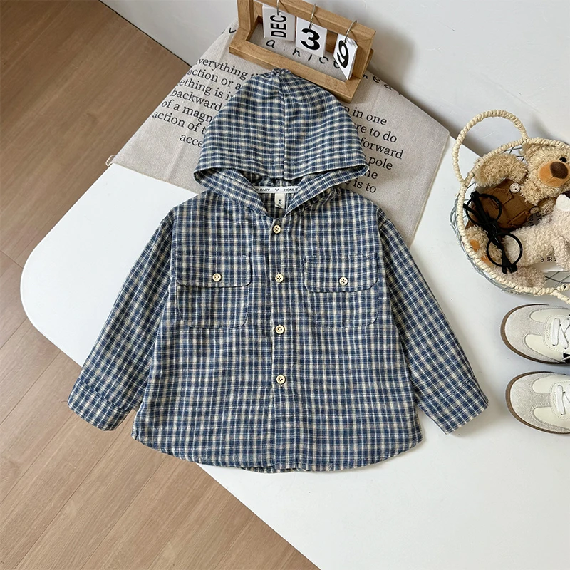 儿童外套2025夏季男童薄款连帽格子长袖衬衫小童宝宝洋气休闲上衣
