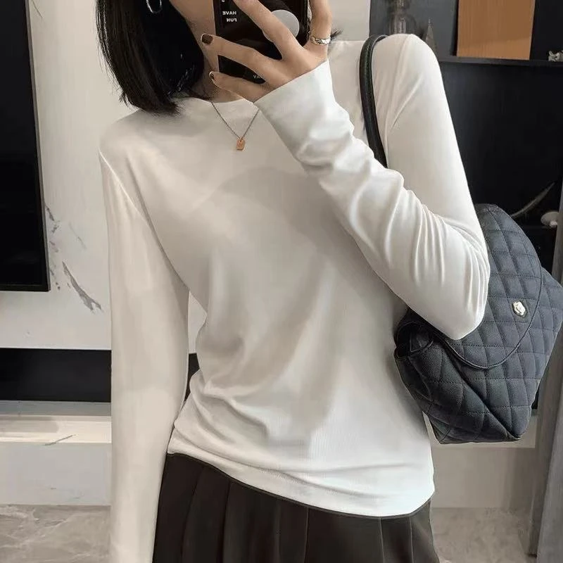 2025年早秋圆领韩版显瘦百搭修身内搭纯色打底衫女装白色长袖T恤