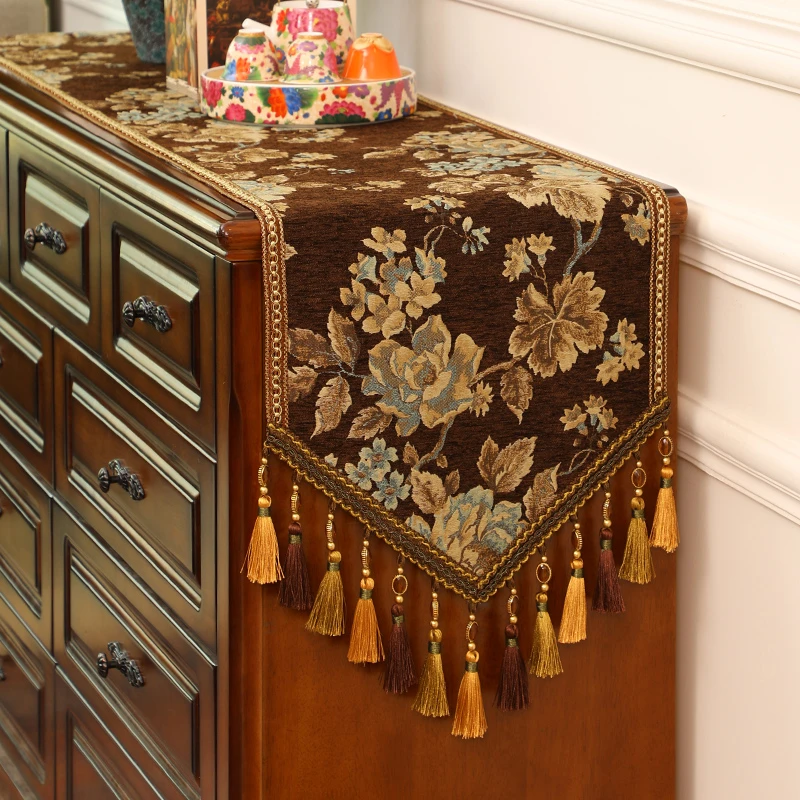 美式复古雪尼尔桌旗高级奢华百搭长条装饰盖布餐桌茶几斗柜鞋柜巾