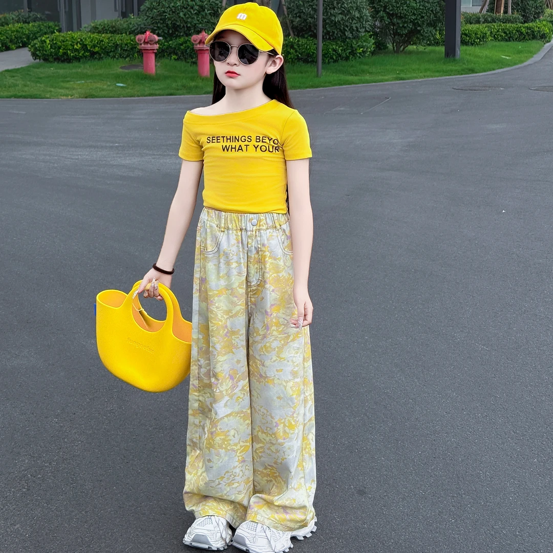 女童夏季2025新款薄款韩版休闲露肩短袖T恤印花休闲阔腿裤套装潮