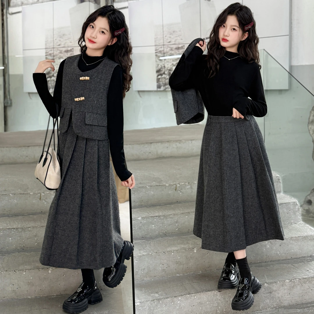 女童套裙秋季新款时尚洋气呢料马甲三件套120-170（价格已开）