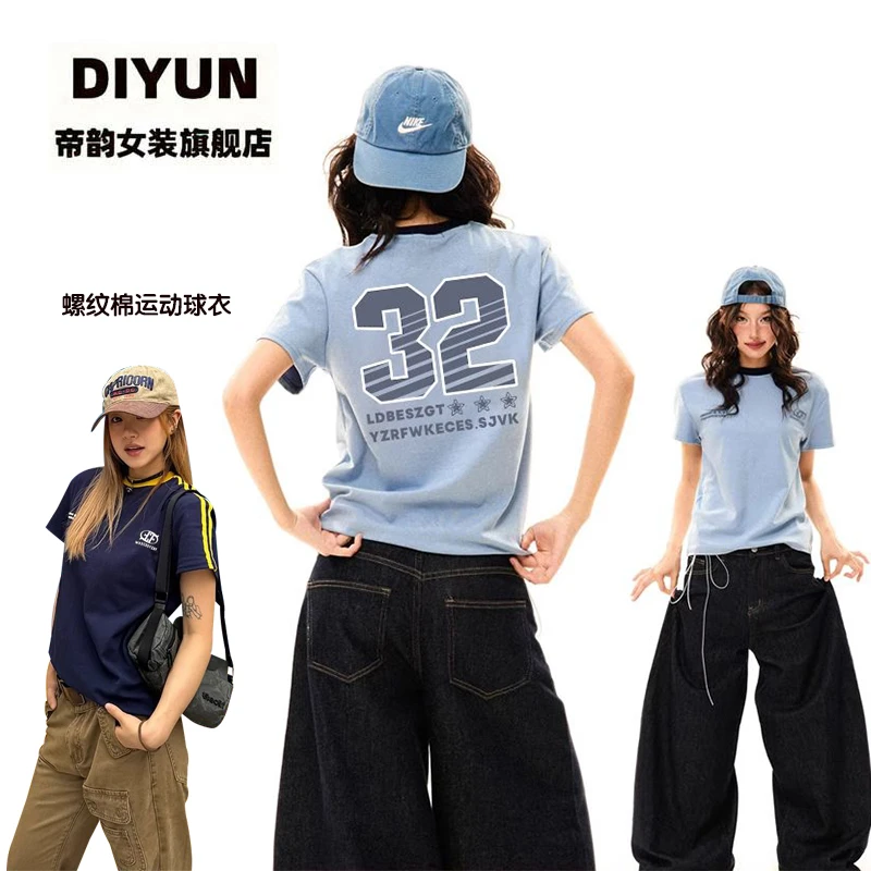 【帝韵】新款短袖t恤女夏季印花运动球衣穿搭正肩圆领撞色短款上衣