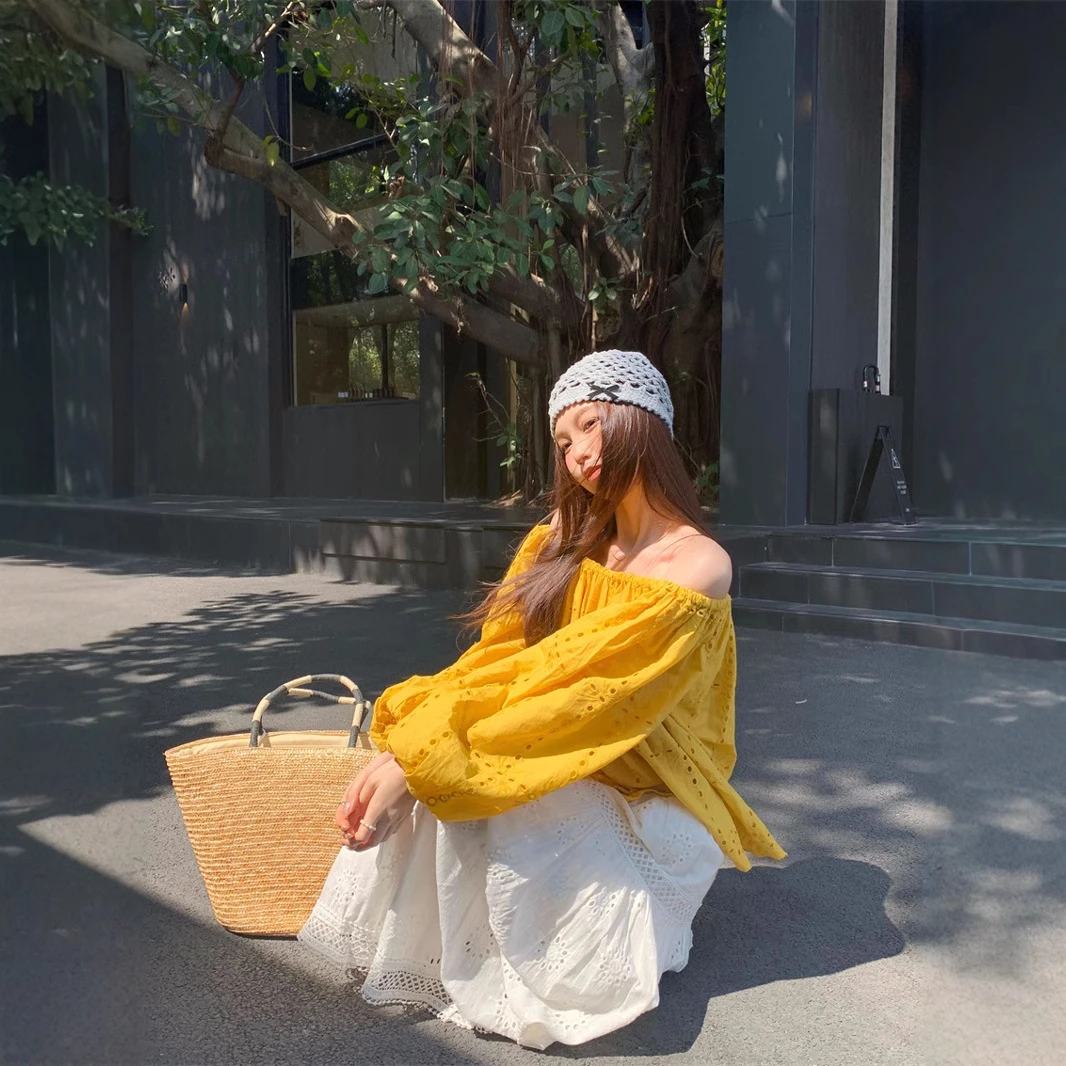 新款休闲风长袖蕾丝POLO领纯色一字肩上衣女潮范百搭时尚韩系普通