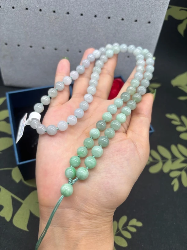 福利天然缅甸A货翡翠果绿圆珠7mm玉石挂件绳毛衣链珠链时尚百搭款