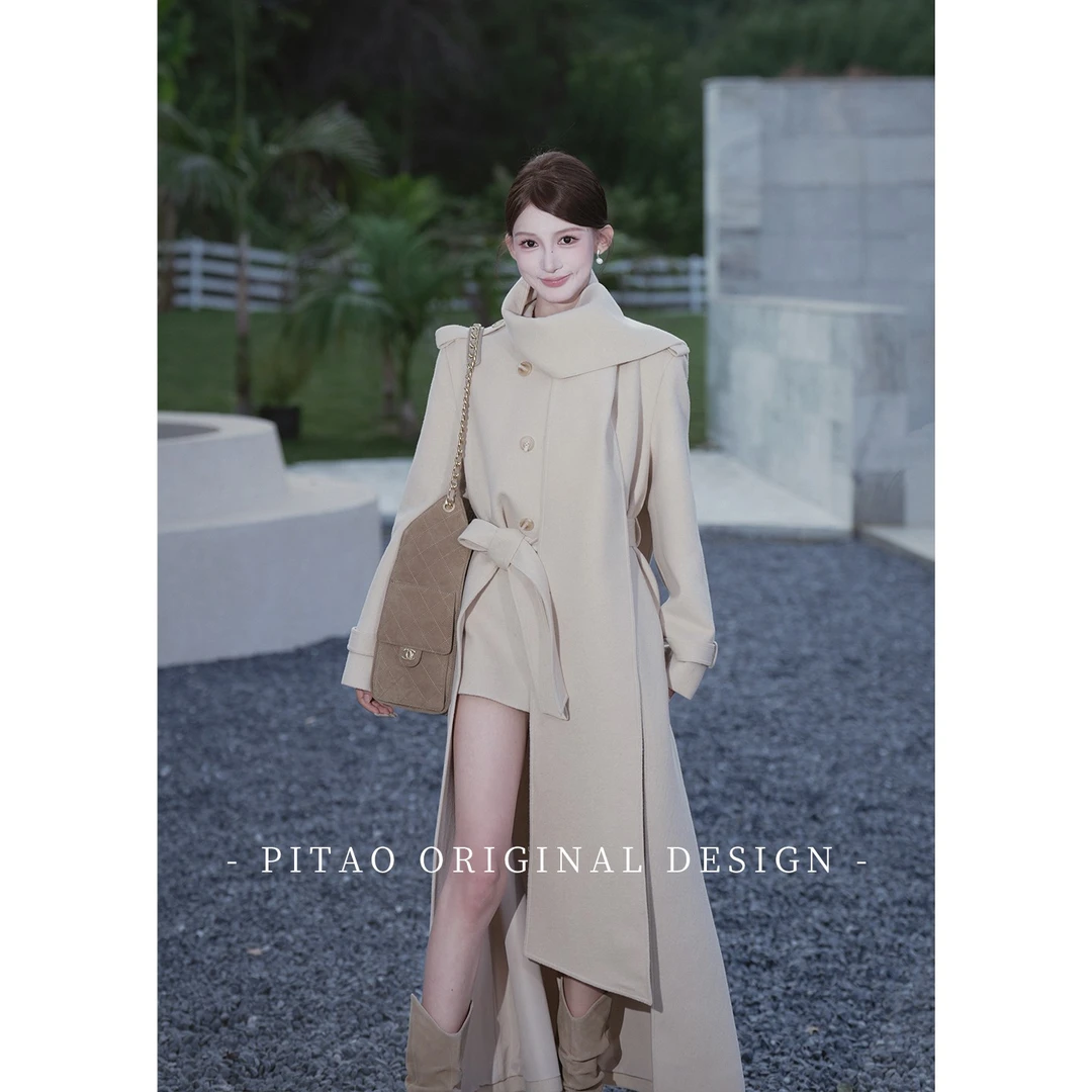 杜屁屁桃PITAO 原创【燕尾诗集】秋冬女百搭长款气质毛呢外套短裤
