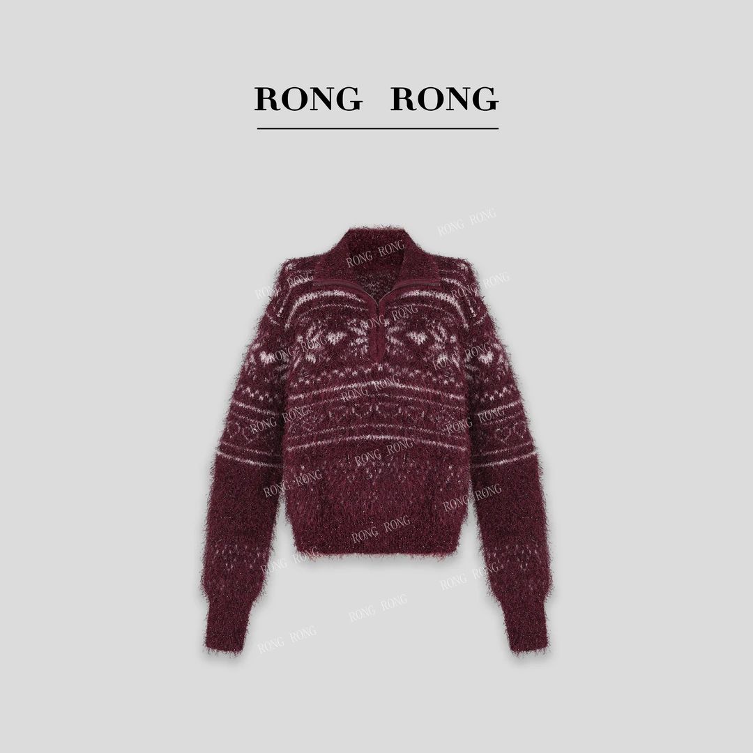 溶溶【热烈鎏金】RONGRONG 绵羊毛混纺高领半拉链提花毛衣QF5602