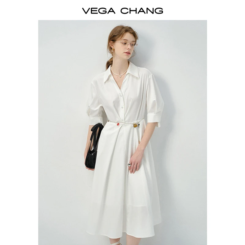 VEGA CHANG白色连衣裙女2025新款夏休闲设计感腰部打褶长裙0181JJ