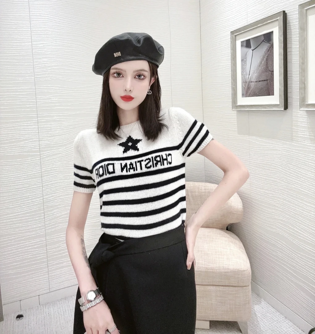 99新 DIOR/迪奥  bb2007 山羊绒 幸运星标语logo条纹针织短袖36码