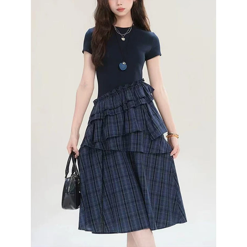 不规则斜摆格纹连衣裙女2025夏季新款韩系小众设计气质蓝色中长裙