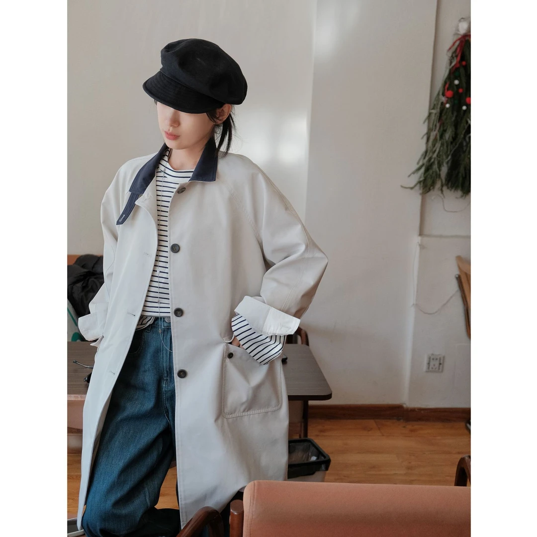 2025休闲新款法式复古风衣女中长款翻领撞色设计感显瘦气质外套女