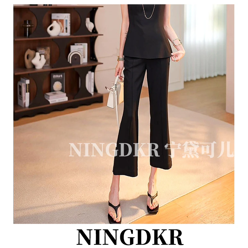 黛B40549女神范显高九分微喇叭裤女薄款高腰显瘦八分小个子西装裤