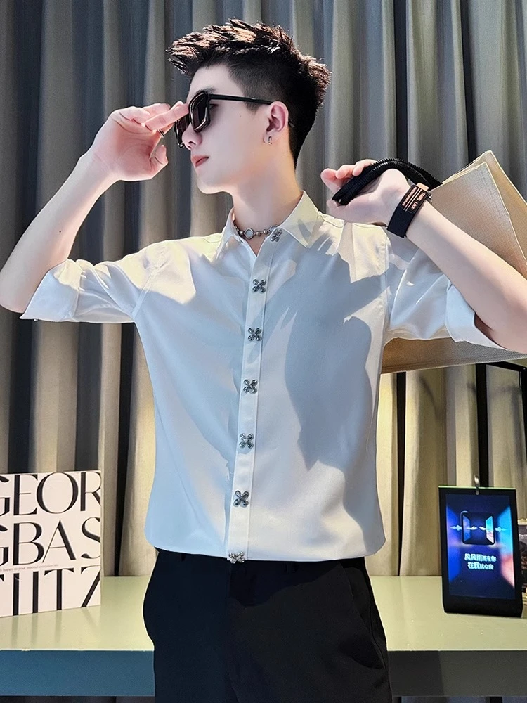 夏季男士短袖衬衫潮牌痞帅五分袖衬衣2025新款休闲夏装半袖小寸衫