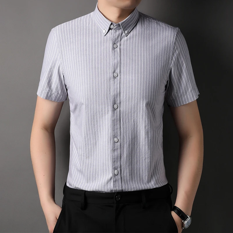 新款商务休闲中年男士短袖衬衣时尚百搭条纹高档男衬衣潮流男上衣