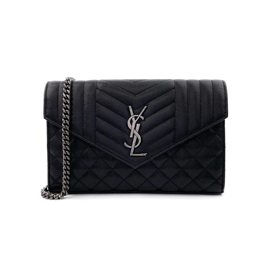 95新 YSL/圣罗兰 衔缝牛皮ENVELOPE黑色银标信封钱包链条包