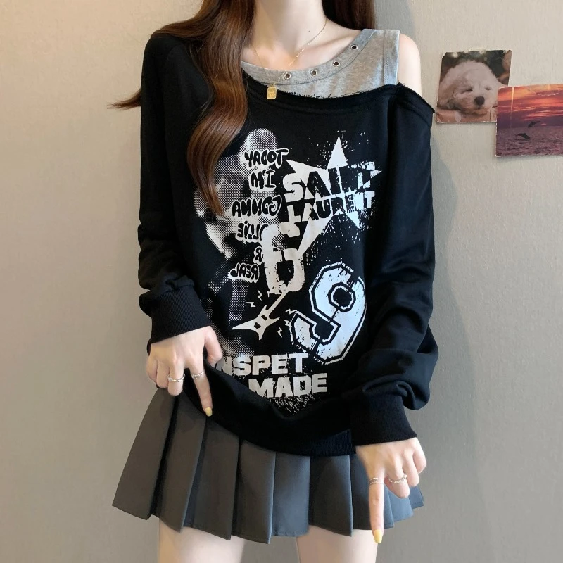 美式辣妹露肩假两件长袖卫衣女秋季大码胖MM宽松遮肚子设计感上衣