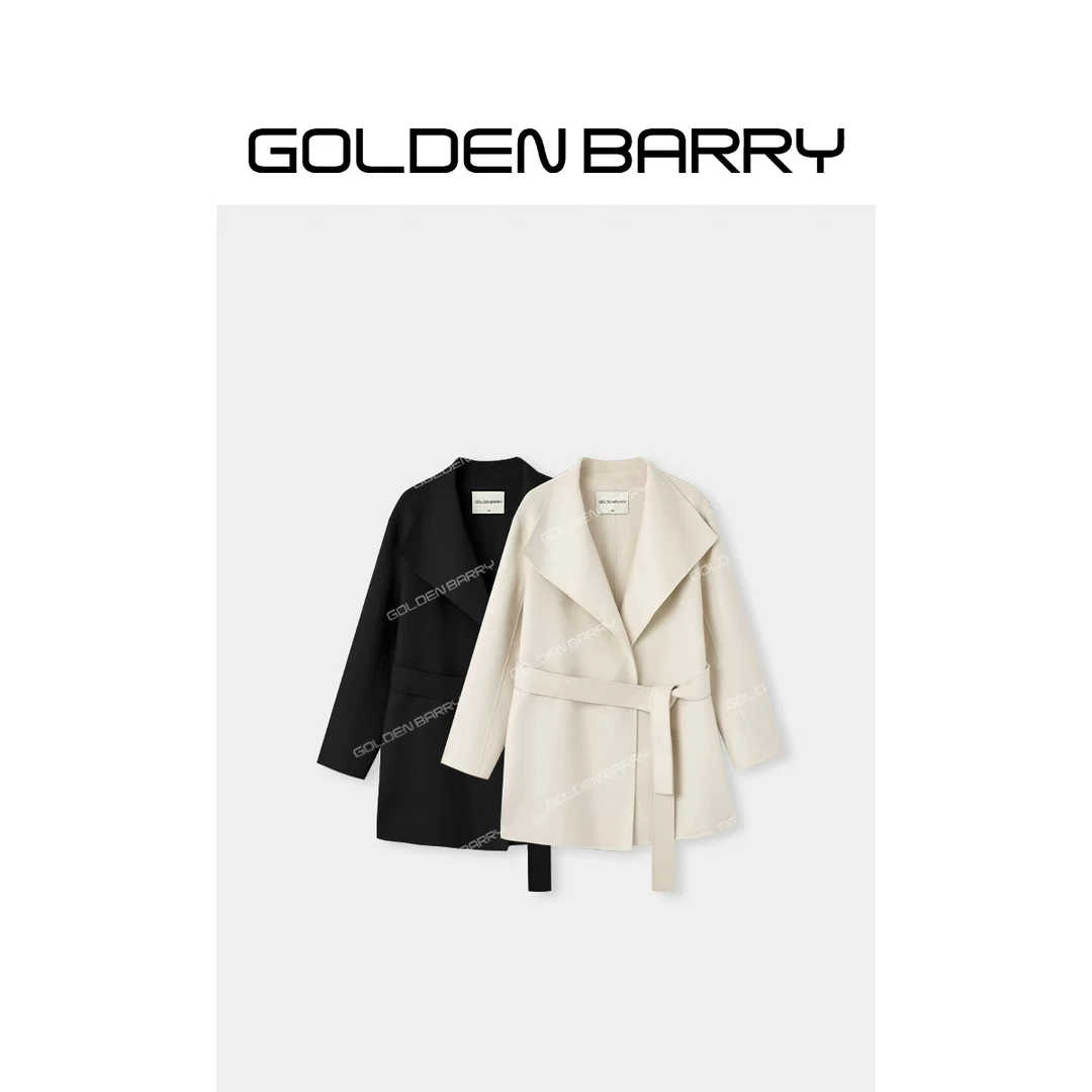 GOLDENBARRY|140079气质大翻领系带中长款羊绒大衣