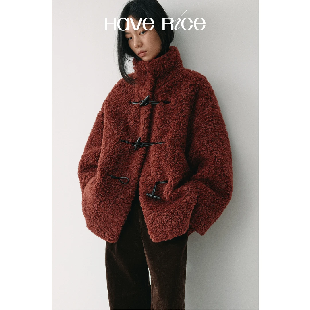 【温暖咩咩羊羔毛外套】 复古慵懒柔软卷卷毛牛角扣外套