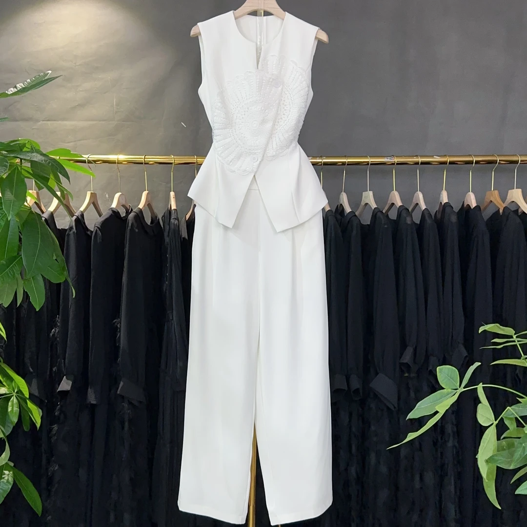 0942高级感气质职业套装女夏季新款无袖马甲上衣阔腿裤两件套