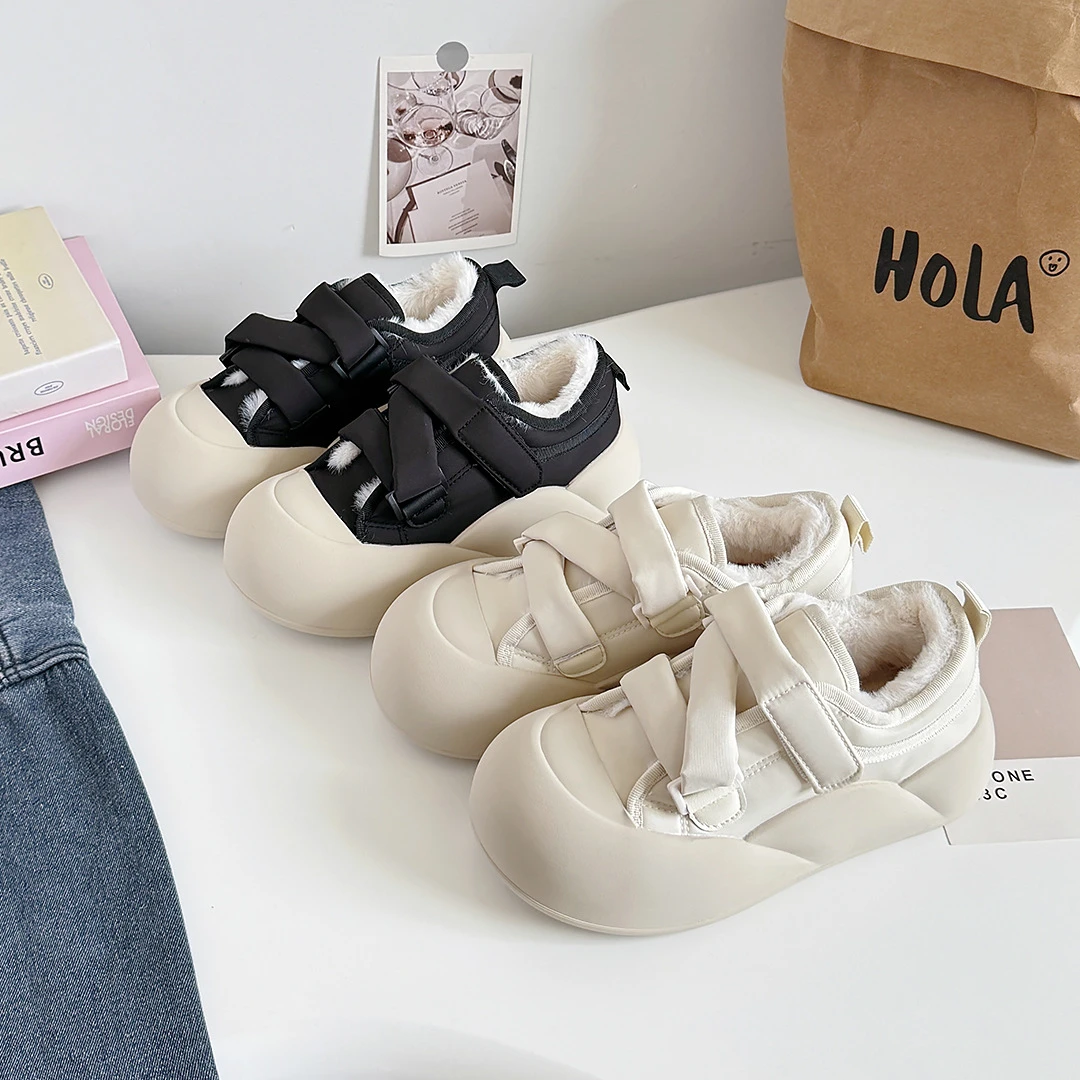 少女孩学生加绒棉鞋港风百搭chic鞋子厚底小白鞋女秋冬季魔术贴鞋