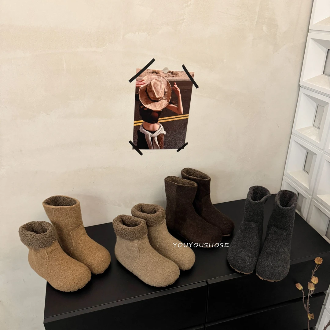 灰色加绒加厚保暖防滑雪地靴厚底女款2025冬季内增高勃肯复古棉鞋