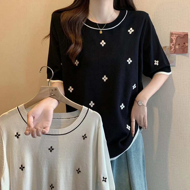 3019大码女装2024春夏装新款宽松胖MM圆领刺绣薄款针织冰丝短袖女