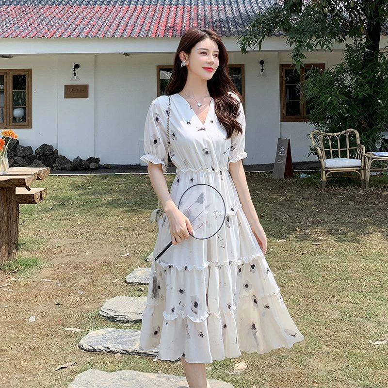 2025甜美碎花雪纺连衣裙女 夏水墨印花泡泡袖V领显瘦中长款蛋糕裙