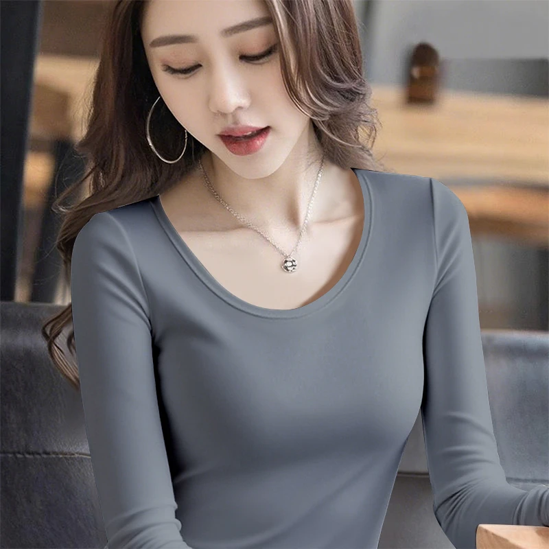 2025莫代尔打底衫女秋冬爆款内搭U领长袖t恤修身显瘦弹力百搭上衣