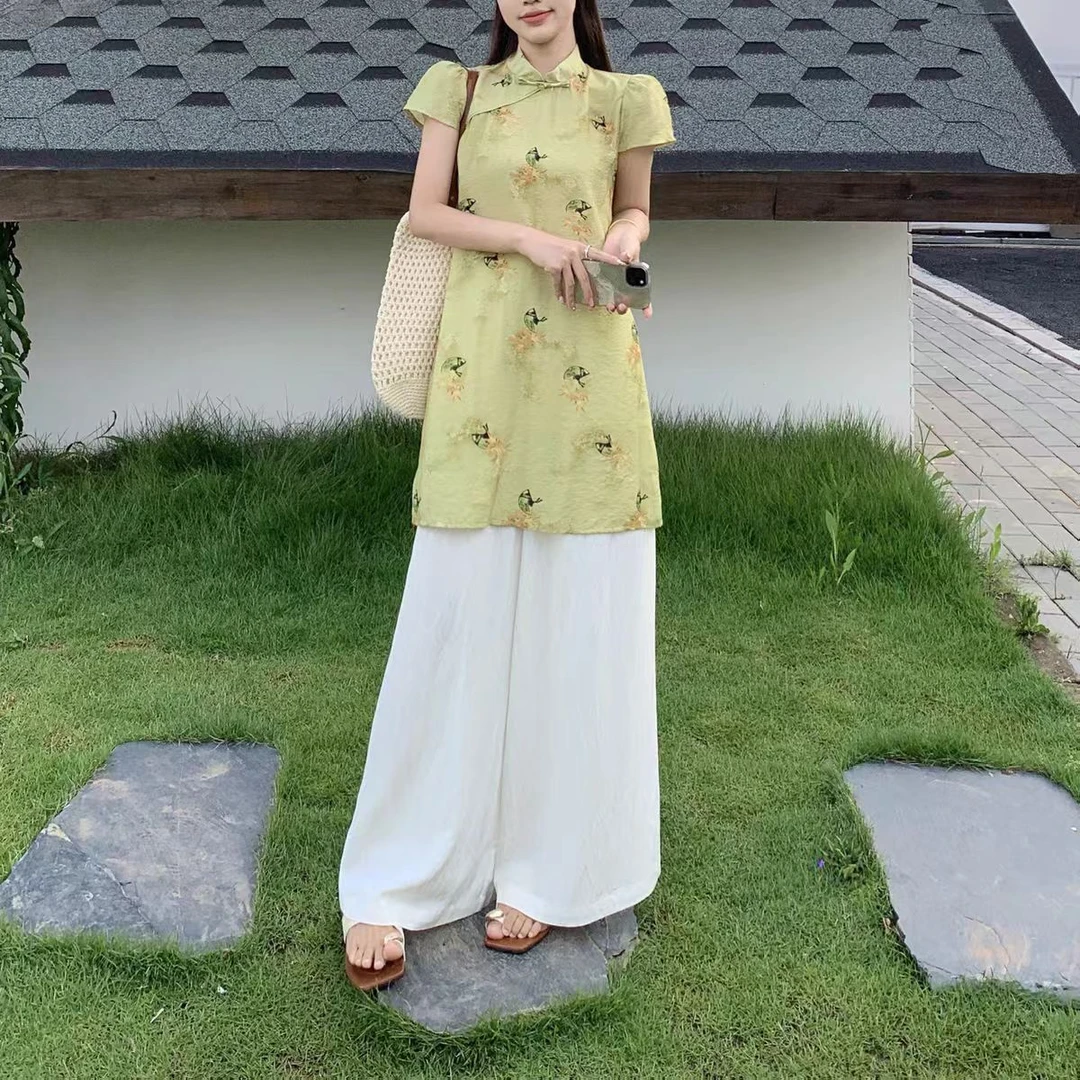 9546-新款新中式国风中长款短袖气质连衣裙妈妈装套装（艾维美）