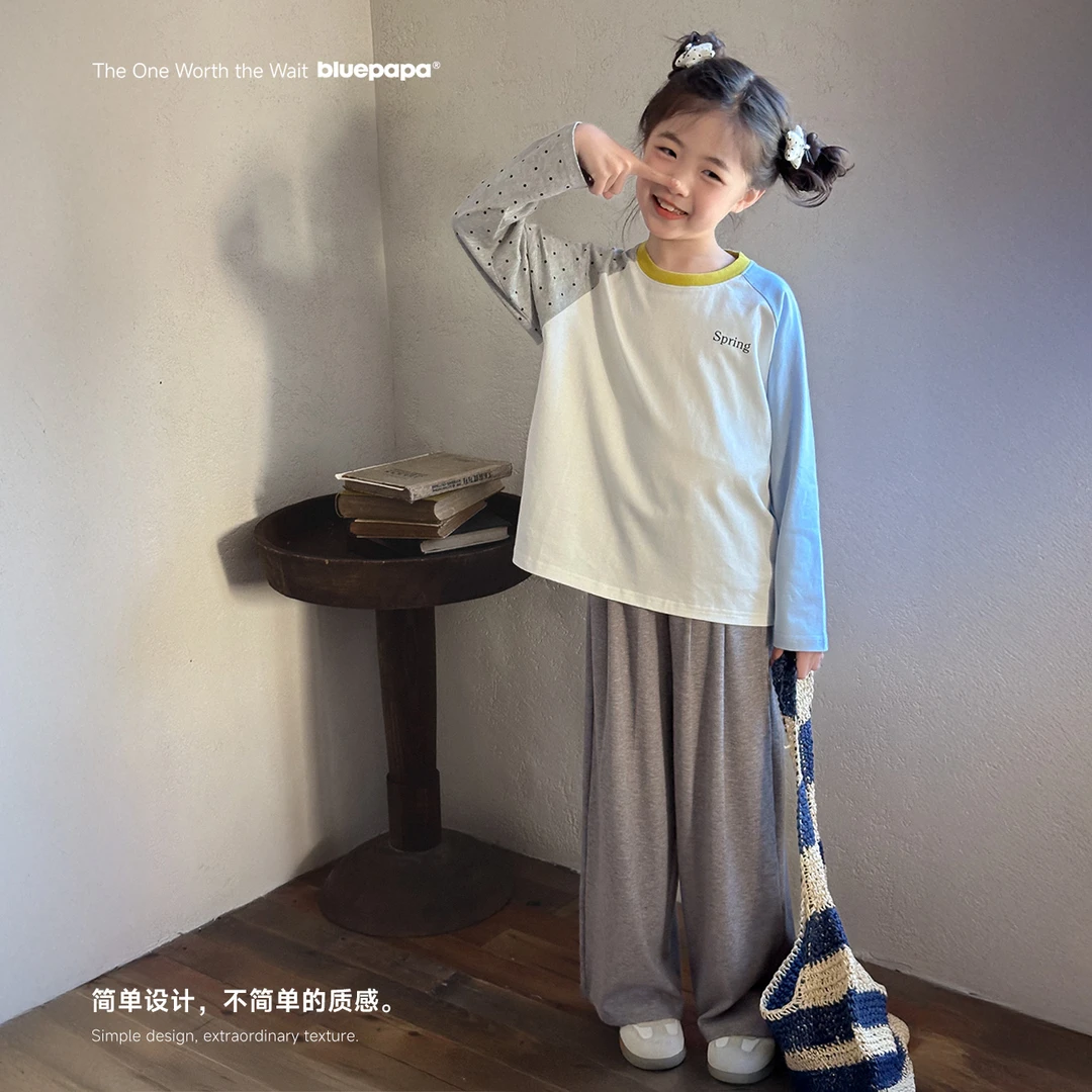 【跳跳糖】蓝小爸童装女童拼接波点T恤春季新款圆领长袖上衣