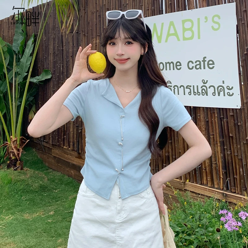 慕兔韩系正肩v领短袖t恤女2025夏季新款设计感小众修身显瘦短上衣
