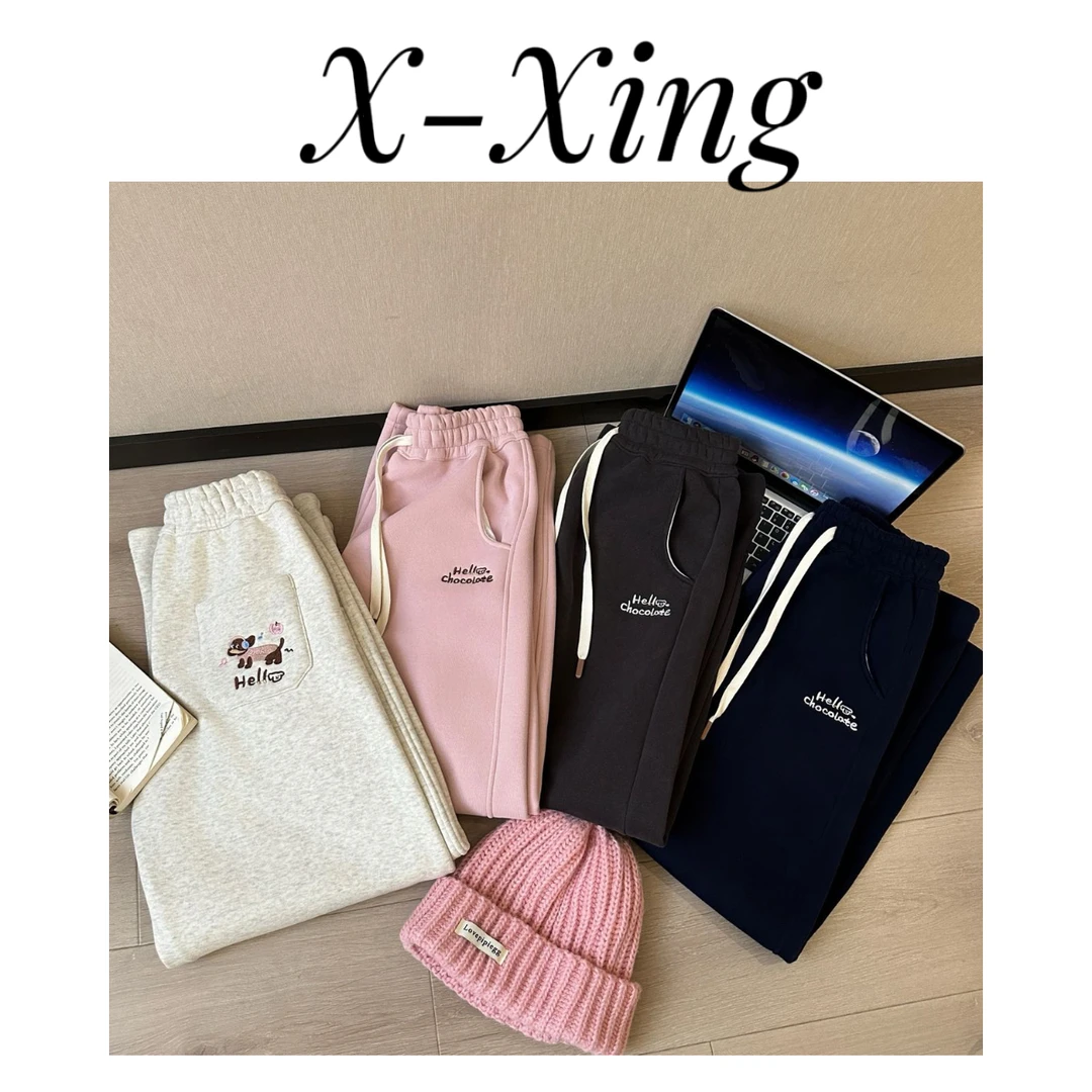 新星up「彩色腊肠狗」韩国刺绣加绒休闲弯刀裤休闲百搭宽松显瘦卫裤