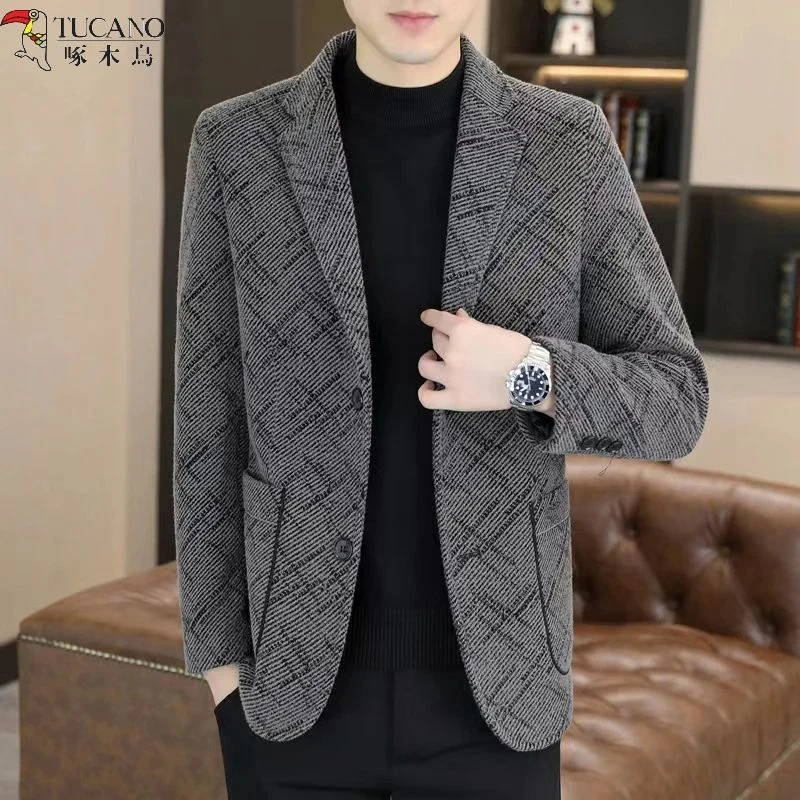 啄木鸟秋冬新款毛呢男士西装西服商务休闲中青年高档加棉呢子外套