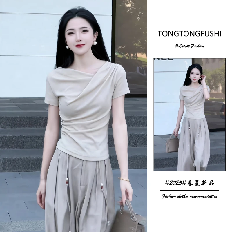 夏季2025年新款一整套女装韩系穿搭气质收腰显瘦上衣阔腿裤两件套
